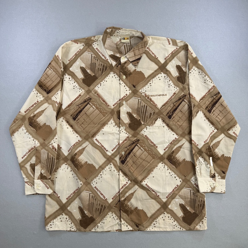 Southpole Shirt Men XL Beige Button Up LS AOP Geometric City Skyline Graphic Y2K